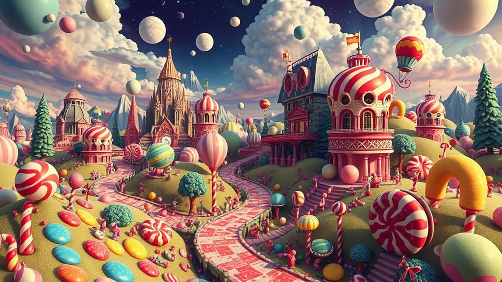Surreal Candyland Landscape in Vibrant 1970s Style