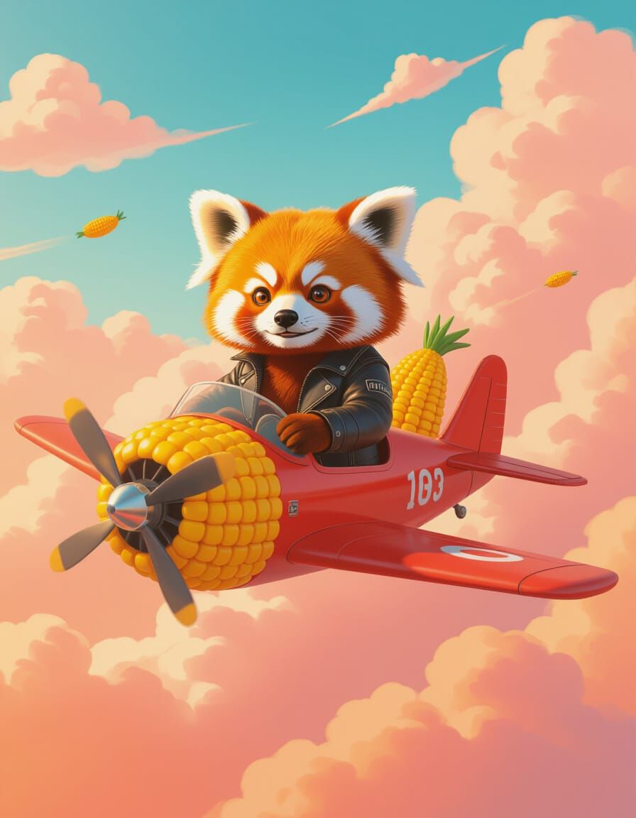 Red Panda Flies Corn Plane in Dreamlike Scene