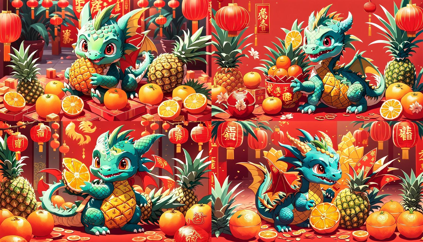 A cute baby dragon holding a pineapple and mandarin orange, wishing happy chinese new year. Surrounded by red packets.