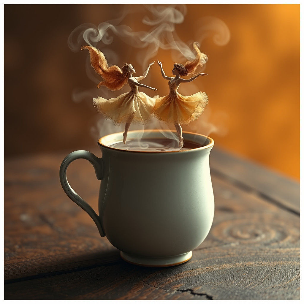 Steam Dancers on Antique Mug, Fantasy Matte Painting