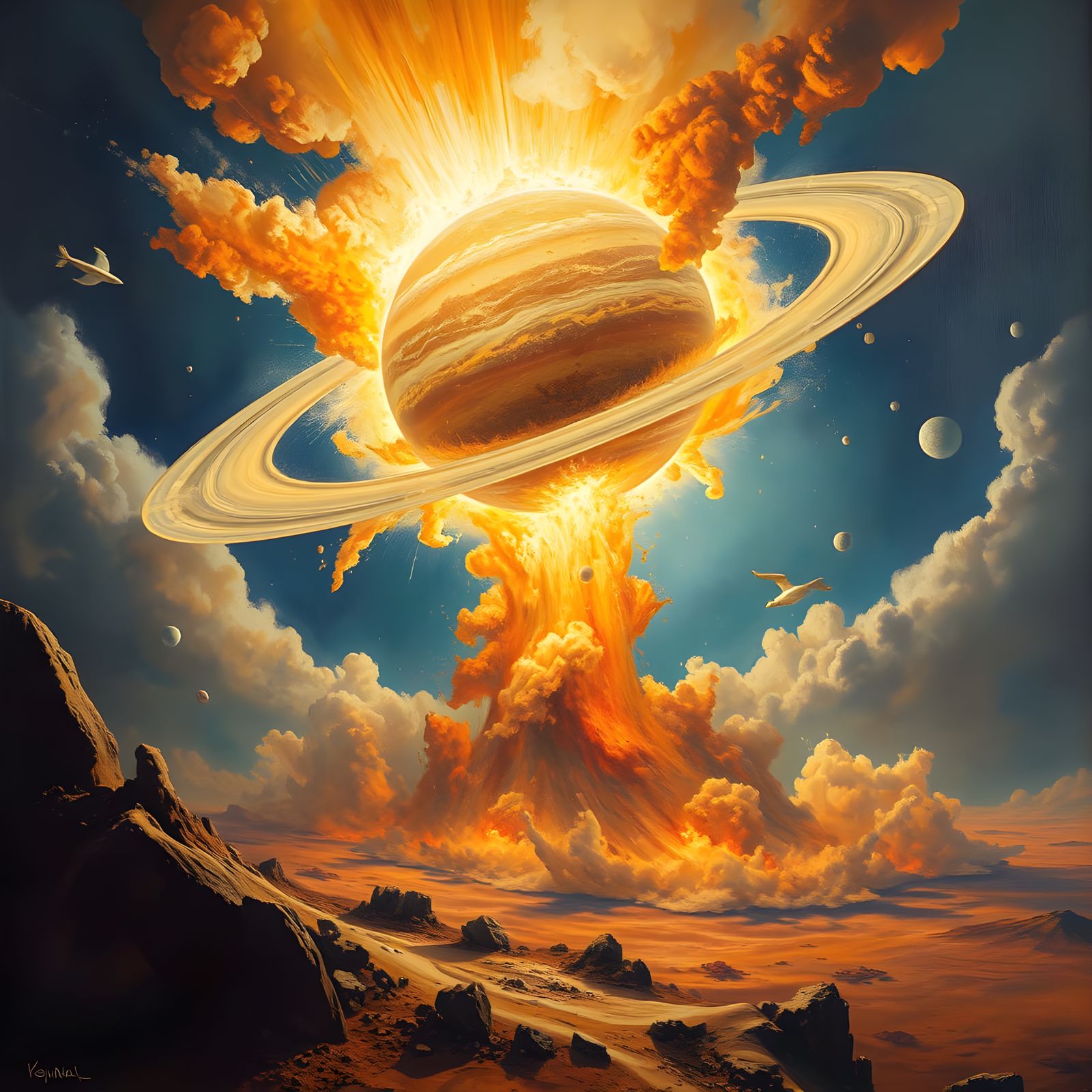 Saturn's Apocalyptic Oil Painting in Fiery Turmoil