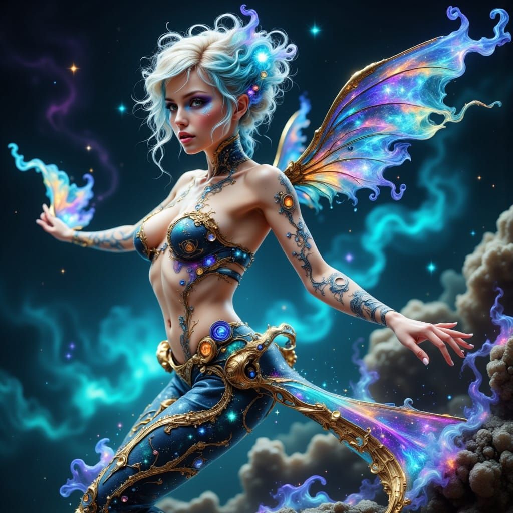 Ethereal Alien Princess with Glowing Constellation Tattoos a...