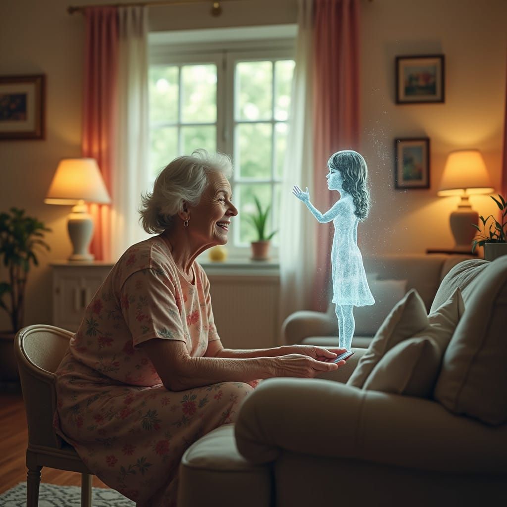 Grandmother in Cozy Conversation with Young Hologram