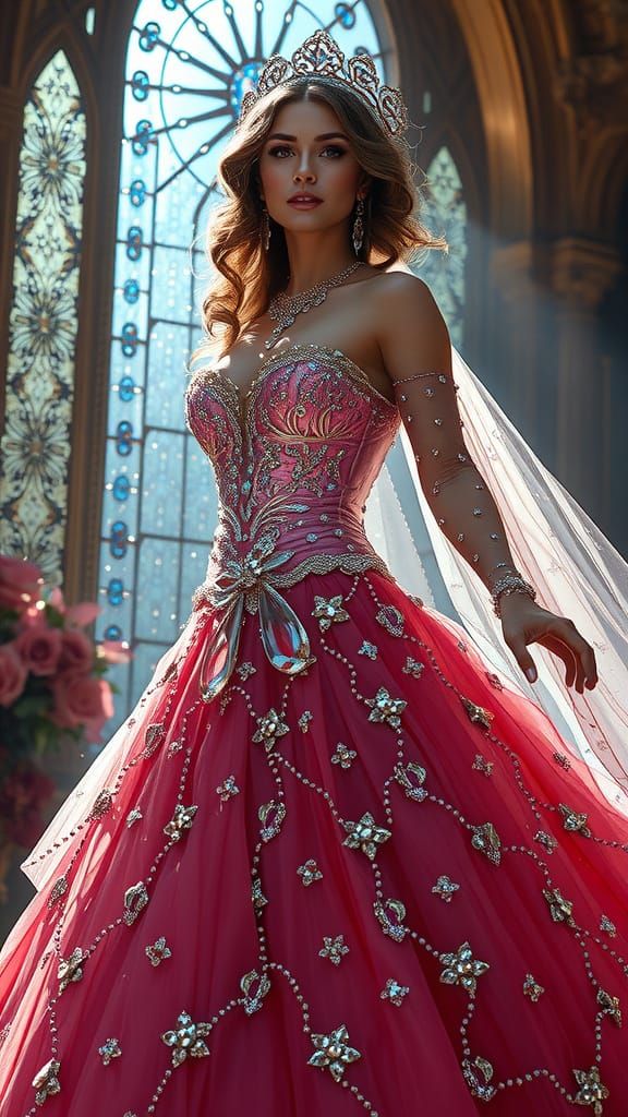 Regal Fantasy Queen in Sparkling Glass Bead Ballgown