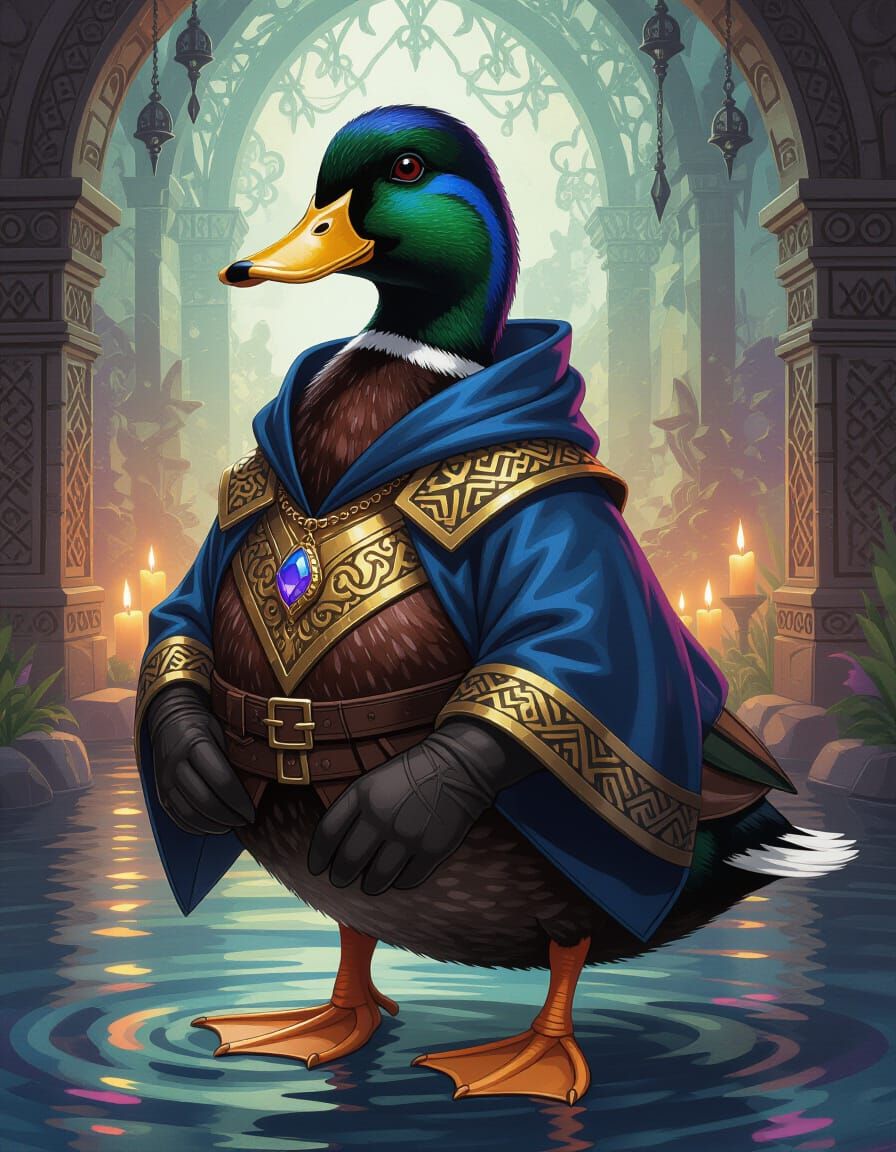 Dark Fantasy Duck Mage in Detailed Splash Art