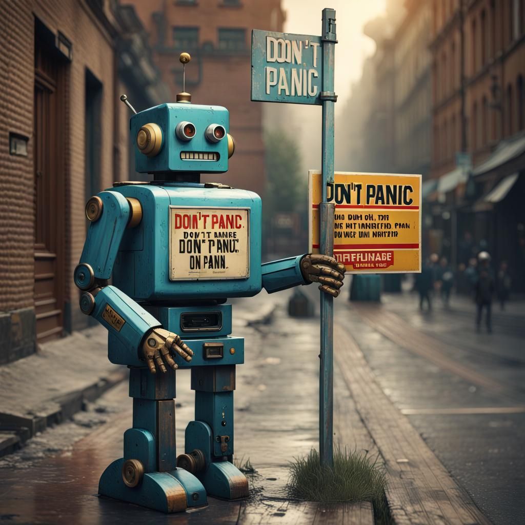Hyperrealistic Robot Holding "Don't Panic" Sign