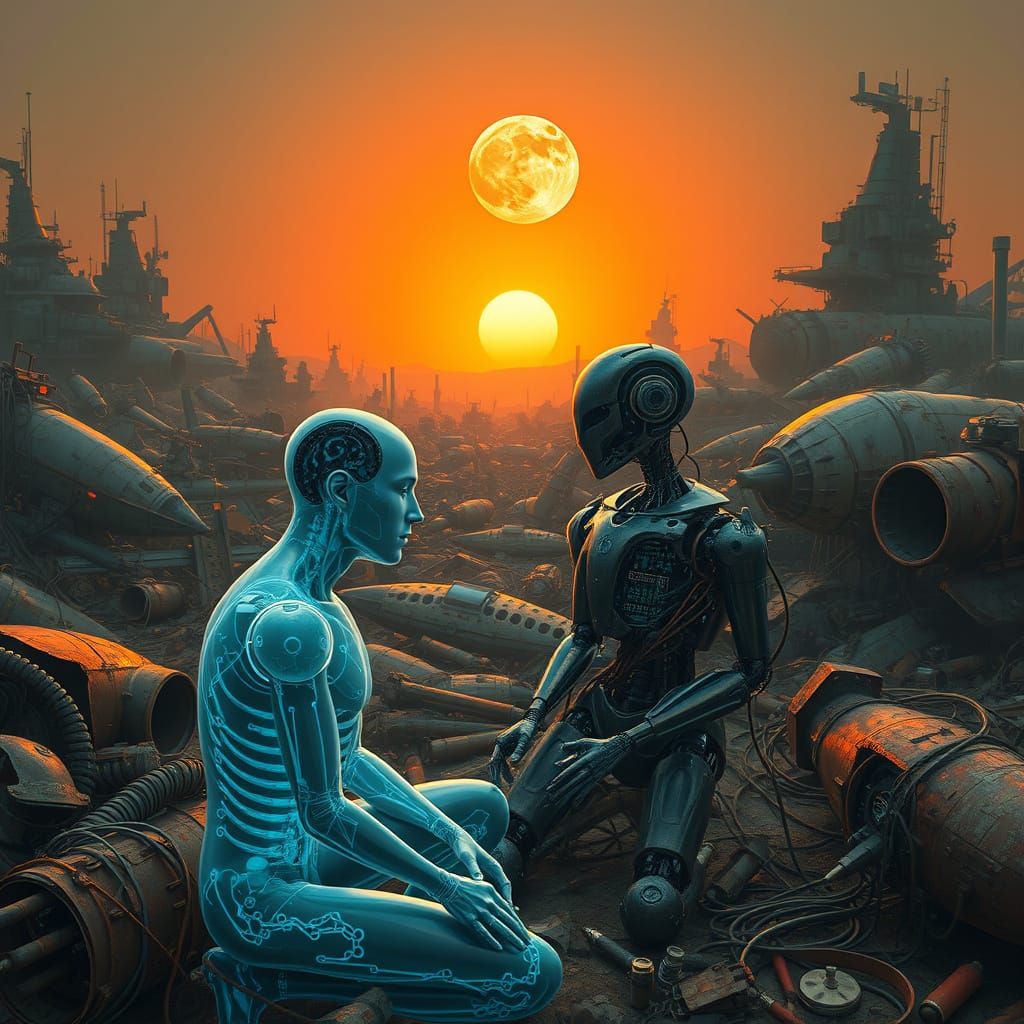 Cybernetic Android Contemplates Disassembled Robot in Futuri...