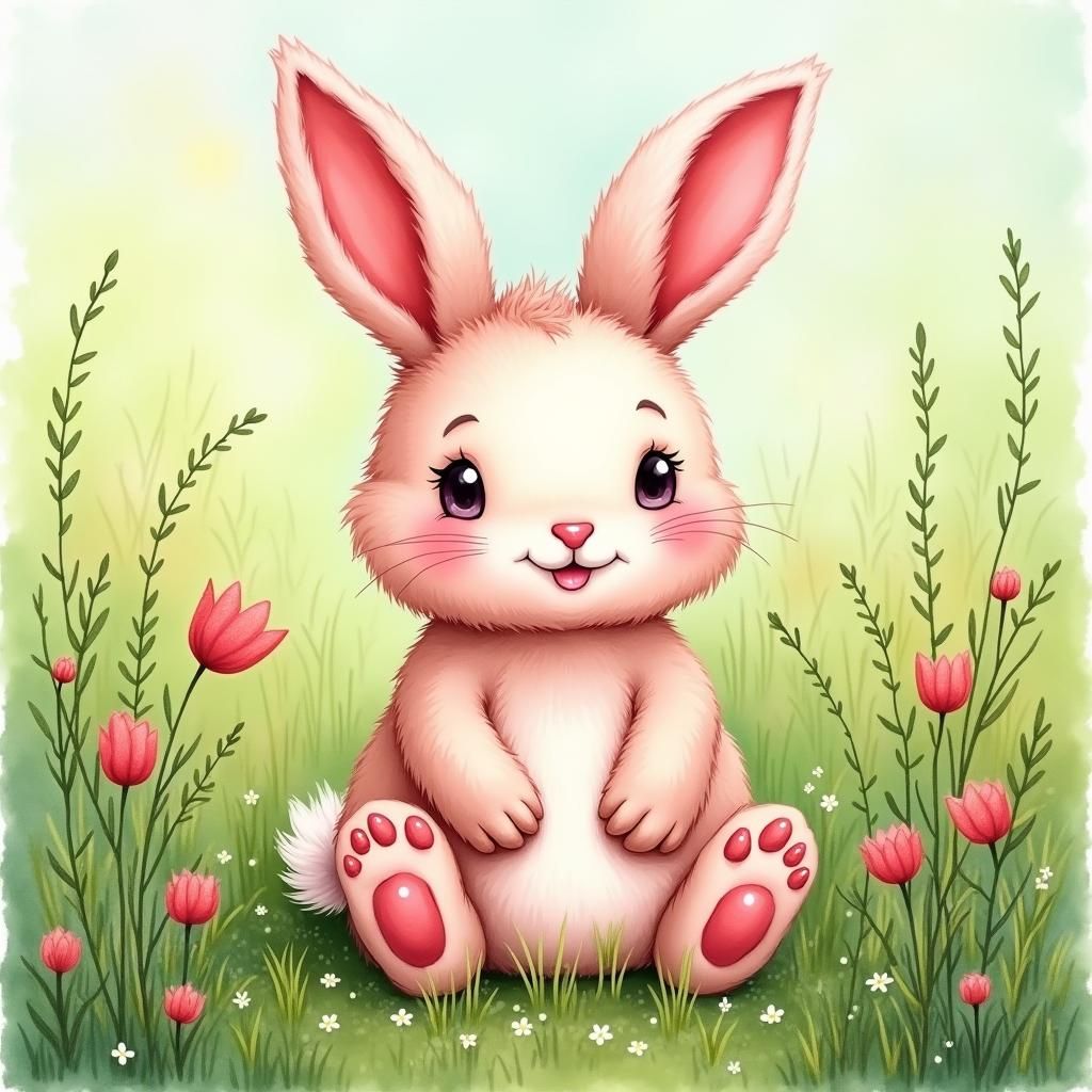 Pink Rabbit in Meadow, Watercolour and Mixed Media