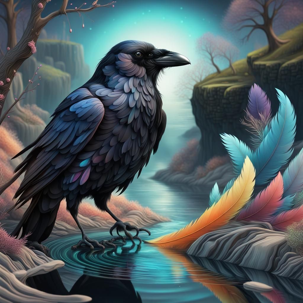 Graceful Raven Portrait in Bioluminescent Spring, 3D Render