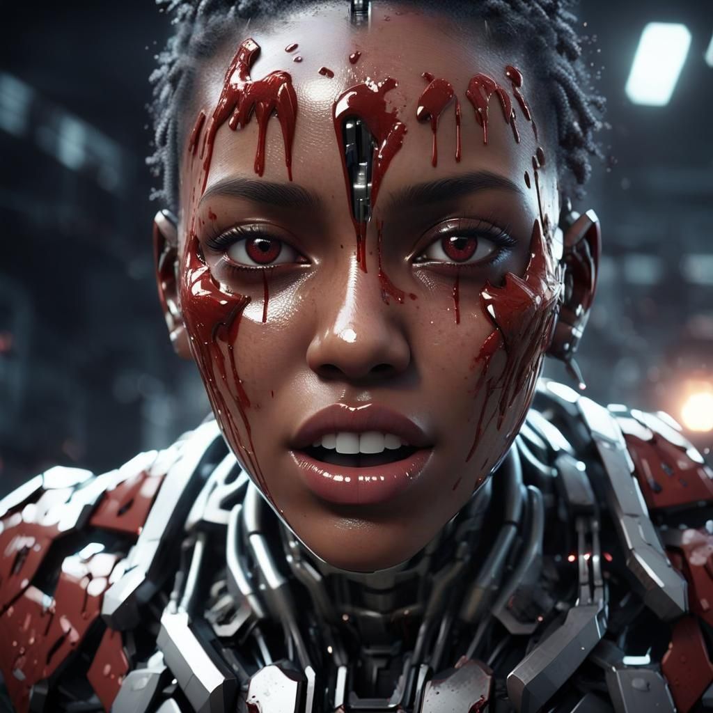 Futuristic Woman with Blood Tears in Sci-Fi Style