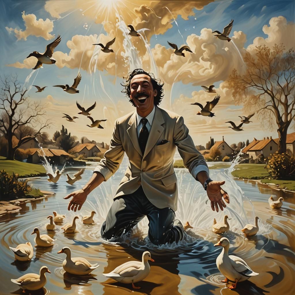 Dreamlike Duck Pond Scene in Surrealist Style