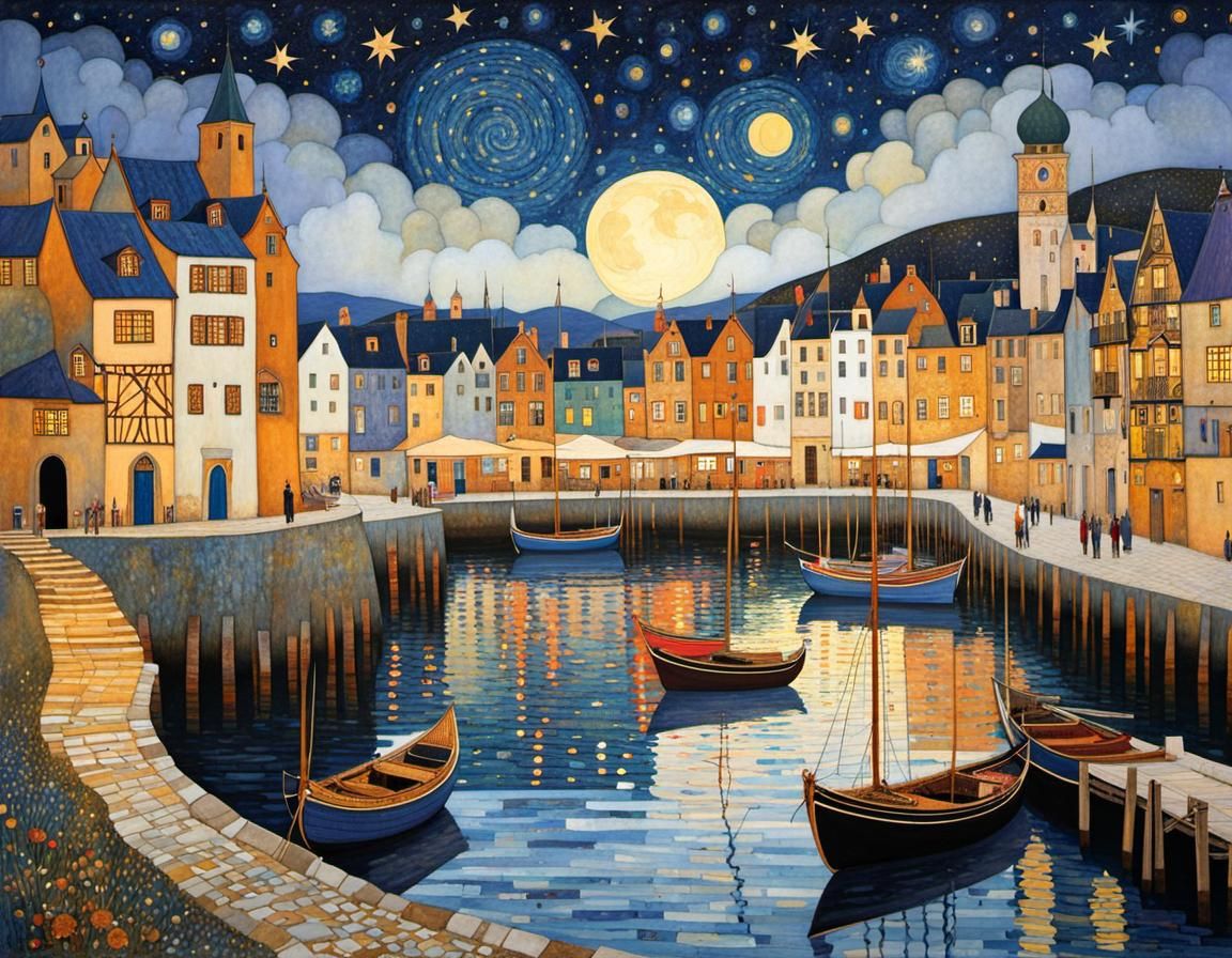 Medieval Port Town Under Starry Sky, Decorative Style