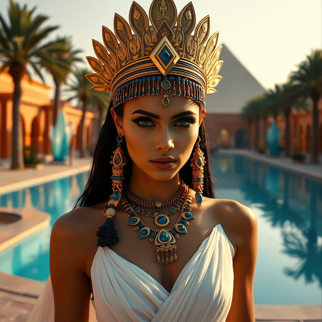 Egyptian Queen Portrait with Turquoise Pool, Hyperrealistic ...