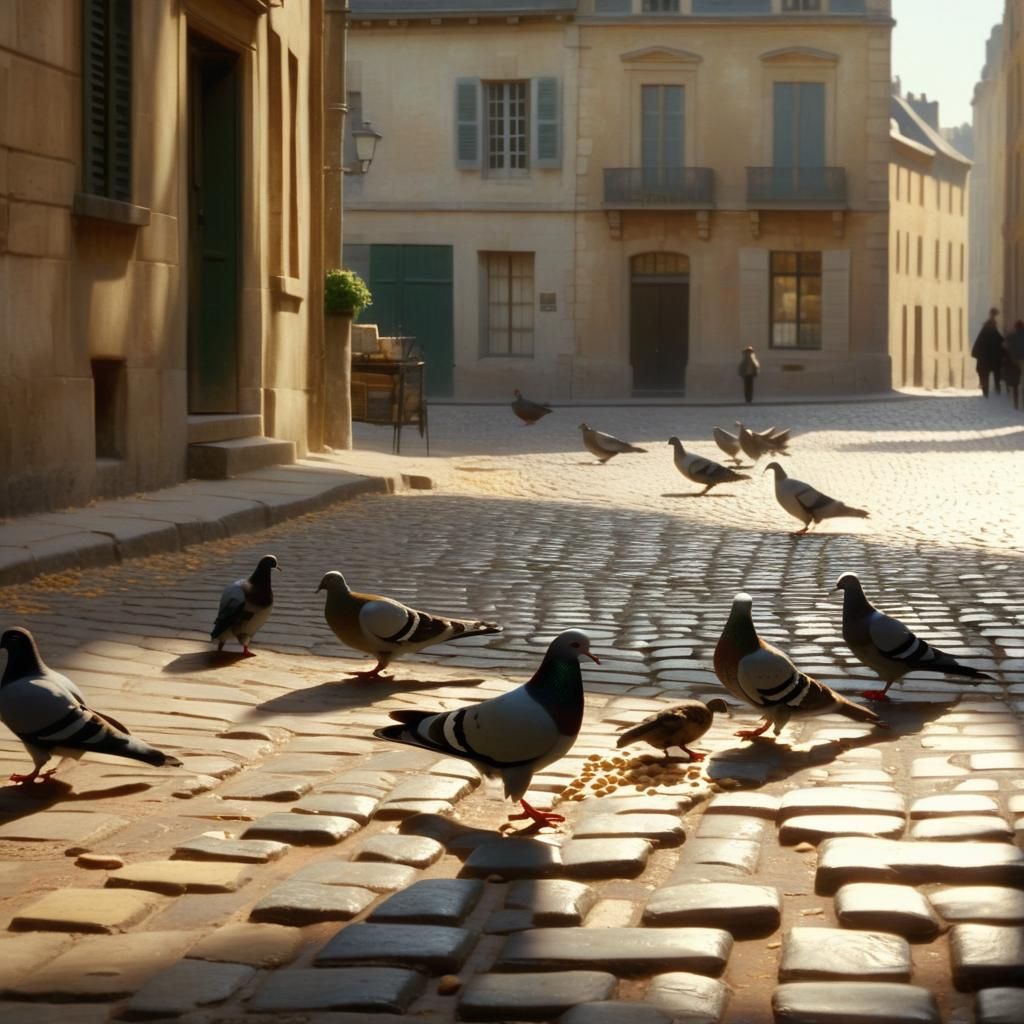Pigeons Feast: An Impressionist Street Scene