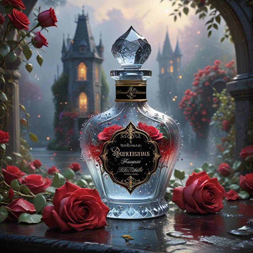 Gothic Perfume Bottle with Splashing Water and Roses