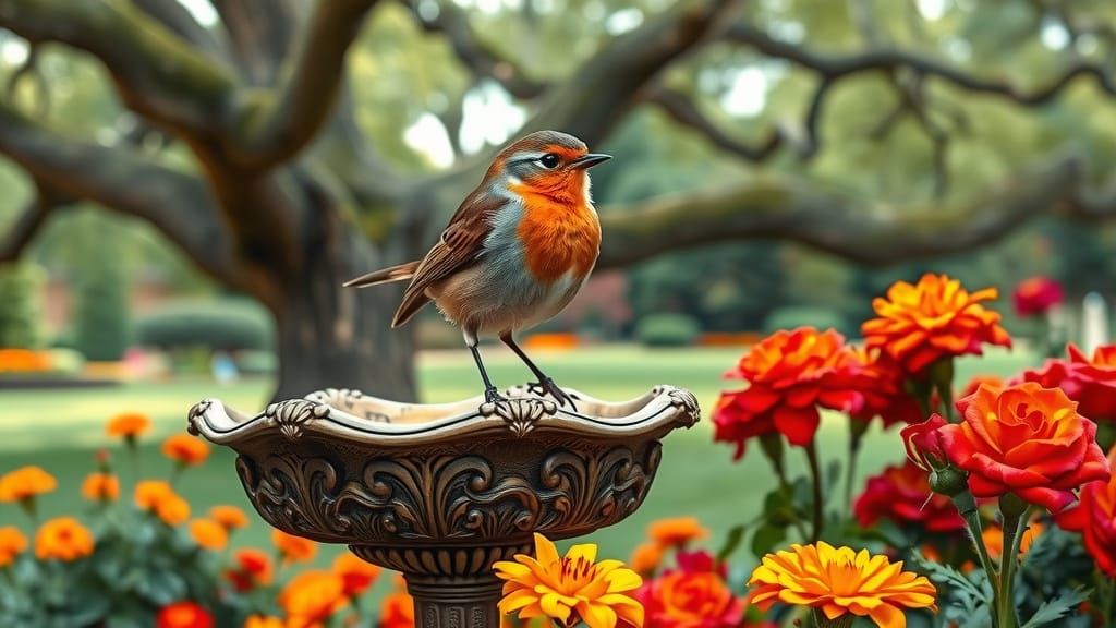 Robin on Bird Bath in Alcohol Ink Style