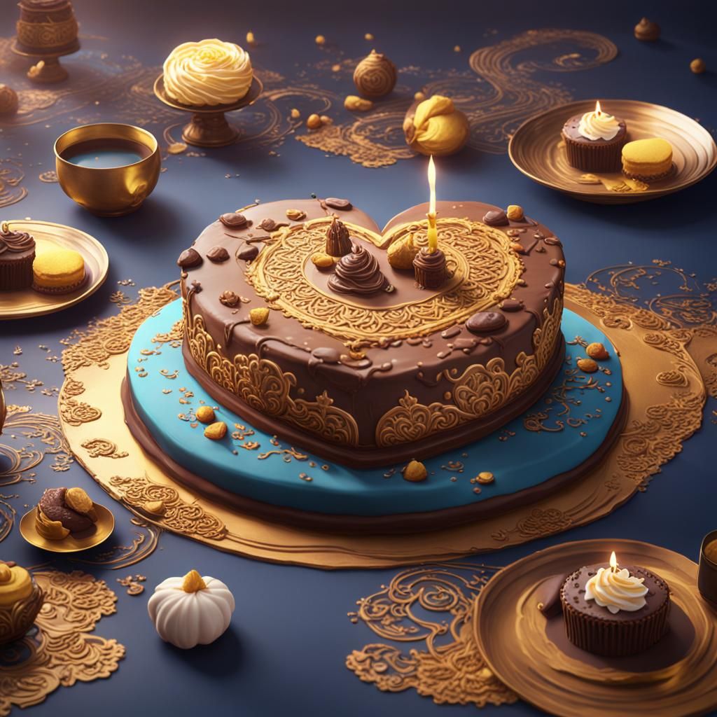 Oriental Heart-Shaped Cake: Detailed Digital Matte Painting