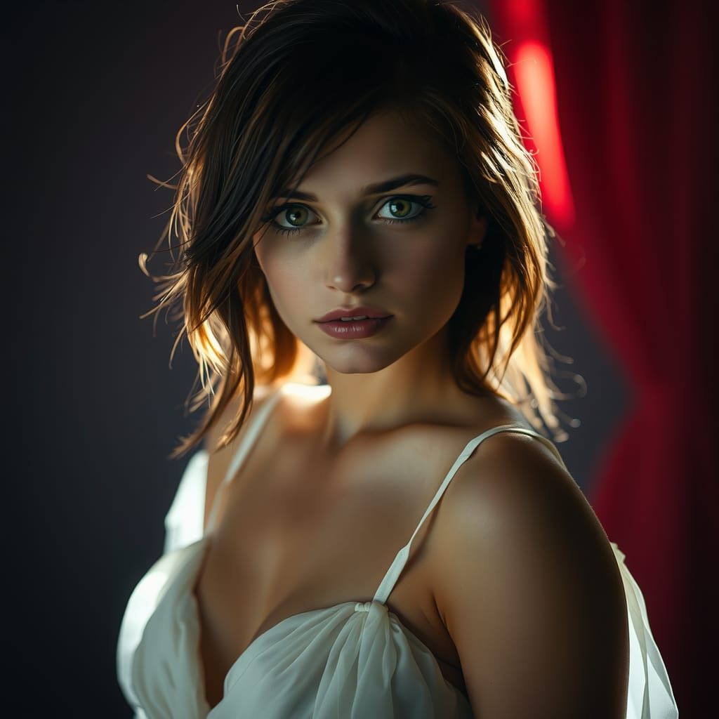 Ethereal Portrait of Woman with Green Eyes in Cinematic Ligh...