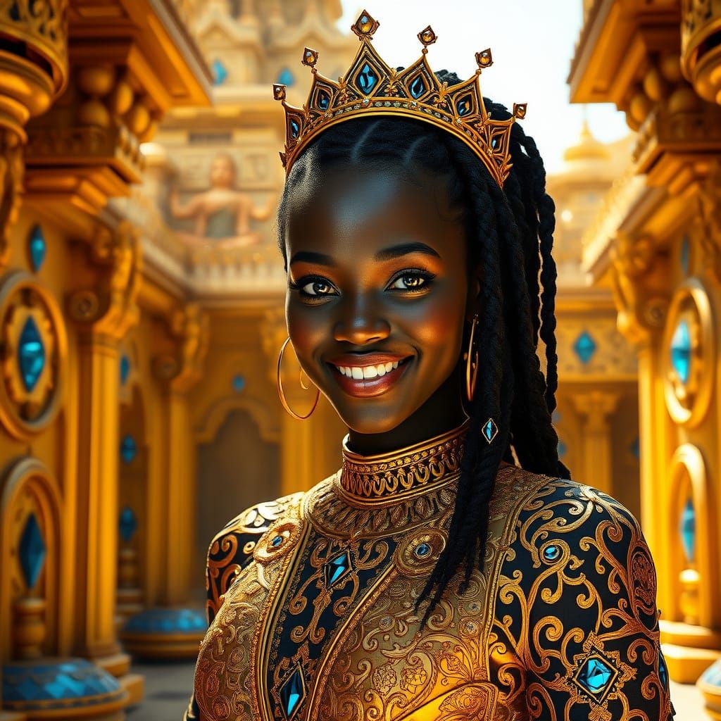 Golden Queen in Mayan-Buddhist Courtyard, Hyperrealistic Sty...