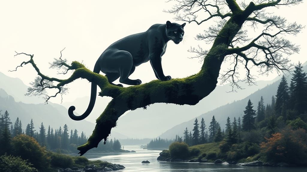 Panther Silhouette in Double Exposure Ink Art