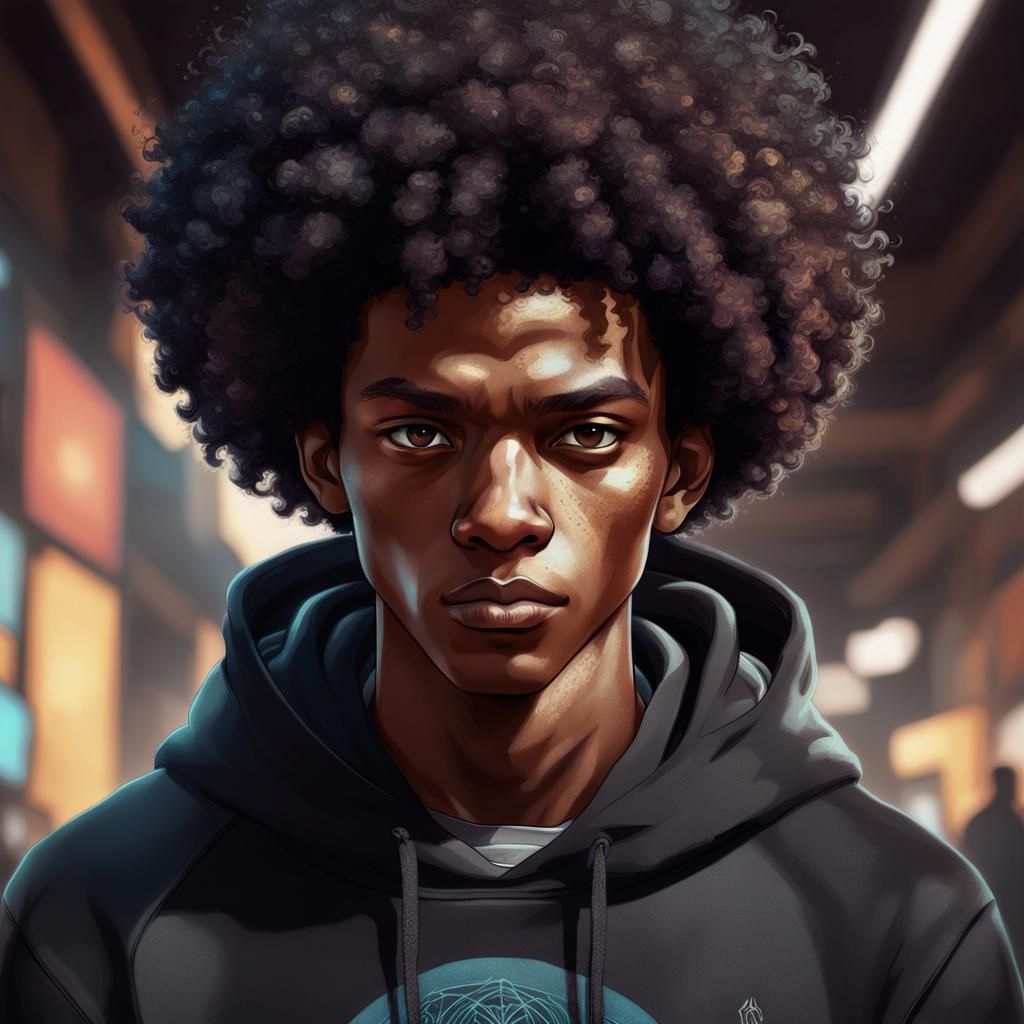 Detailed Portrait of Black Teenager with Afro