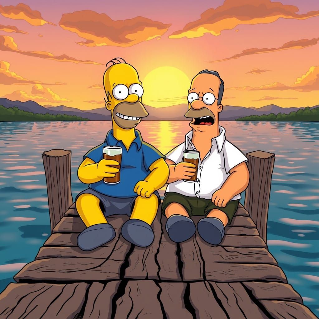Homer Simpson and Peter Griffin Enjoy Sunset Beer