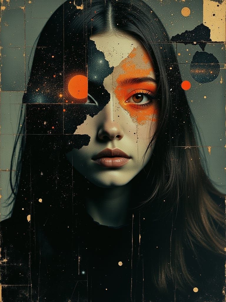 Surreal Woman's Face Shatters into Cosmic Galaxy Shards