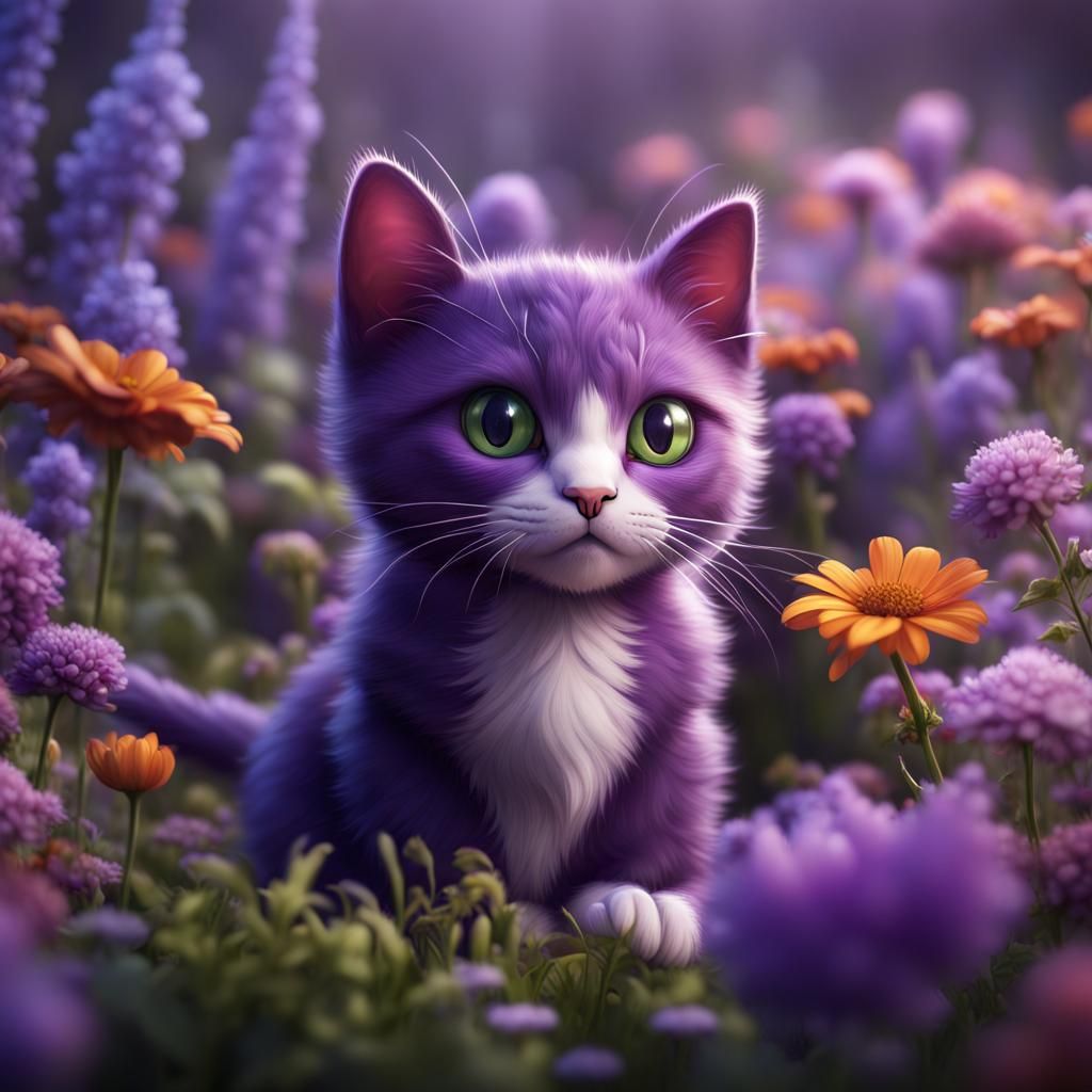 Purple Cat in Flower Garden: Detailed Matte Painting
