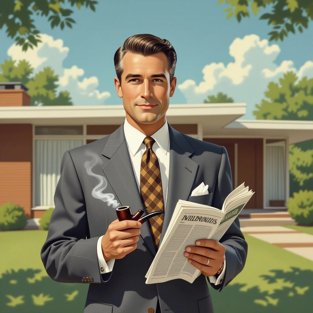 1950s Gentleman in Flannel Suit at Mid-Century Home