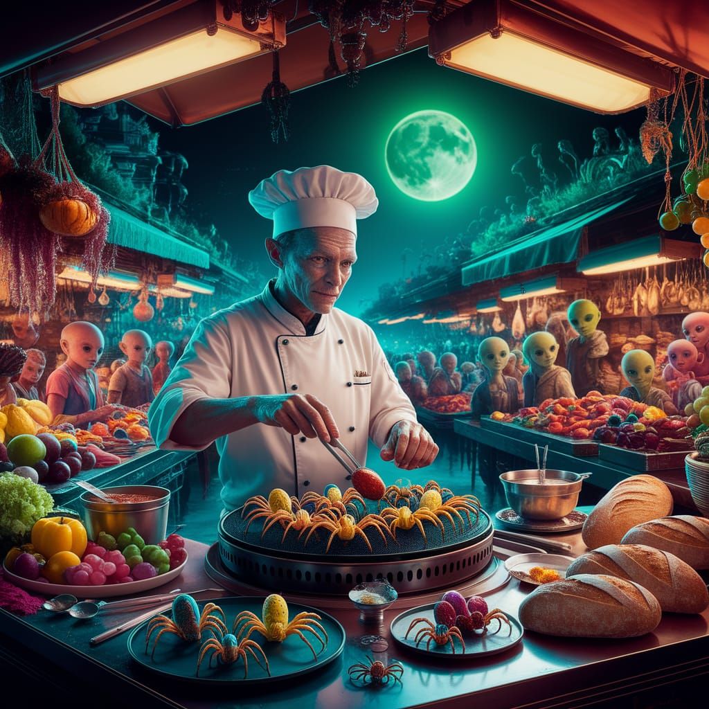Alien Chef Prepares Spider Sandwiches in Bioluminescent Mark...