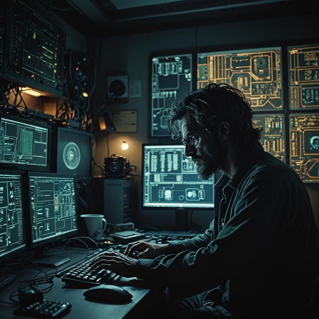 Mysterious Computer Genius in Shadows: Cinematic Film Still