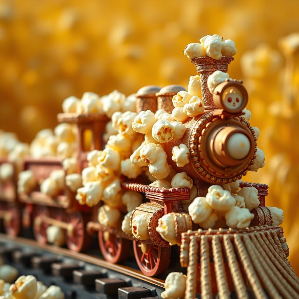 Popcorn Train Masterpiece in Whimsical Hyper-Realism