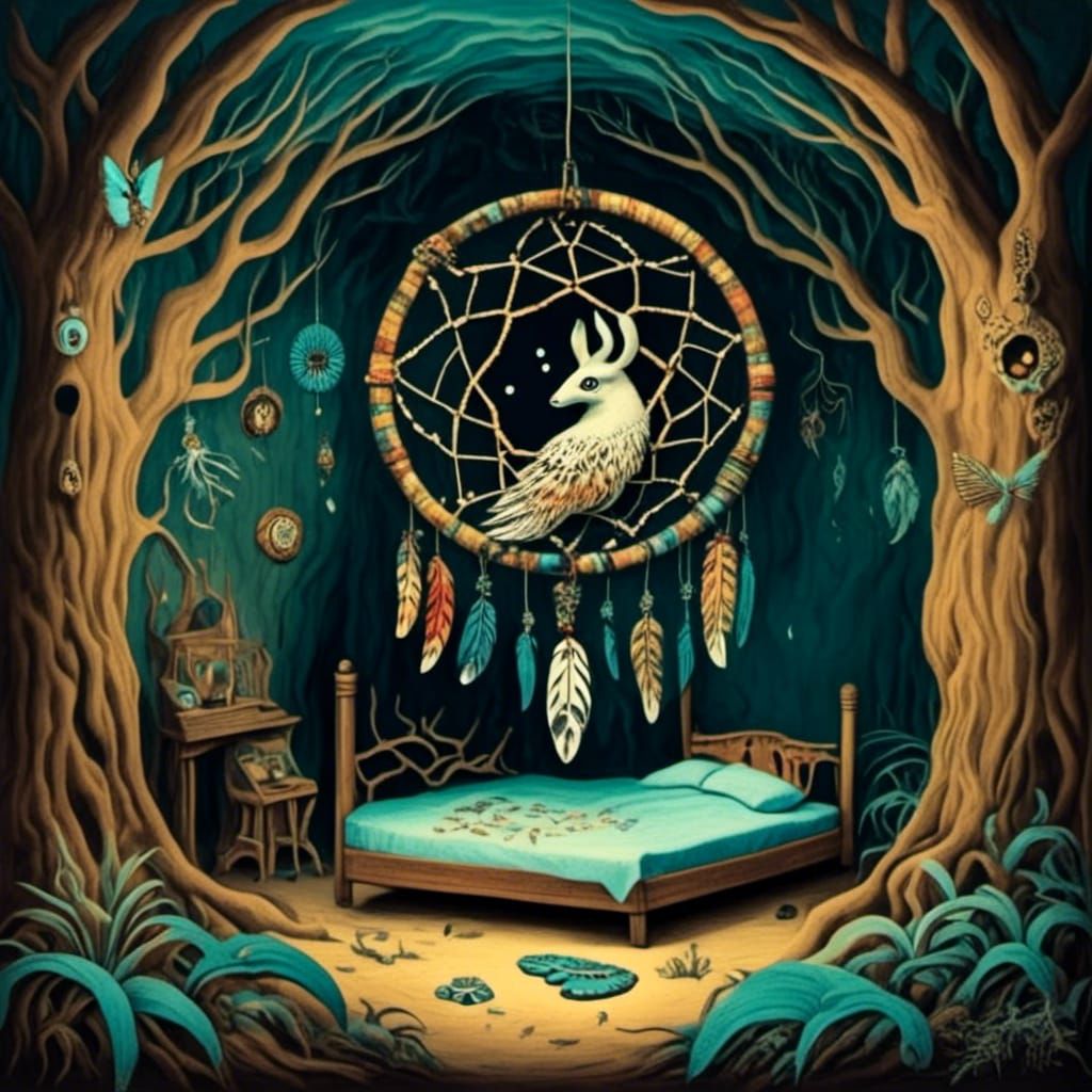 Dream Catcher in Bioluminescent Cave Bedroom