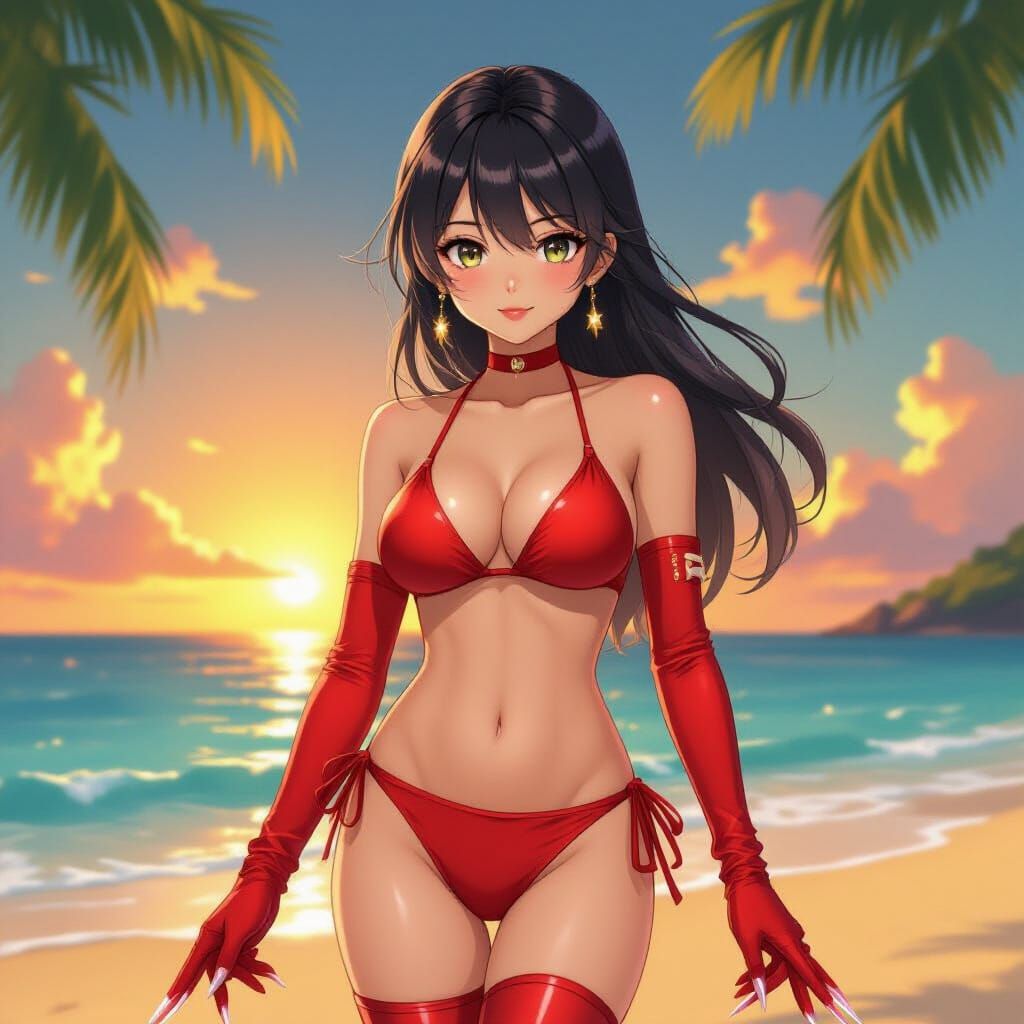 Anime Girl on Tropical Beach at Sunset