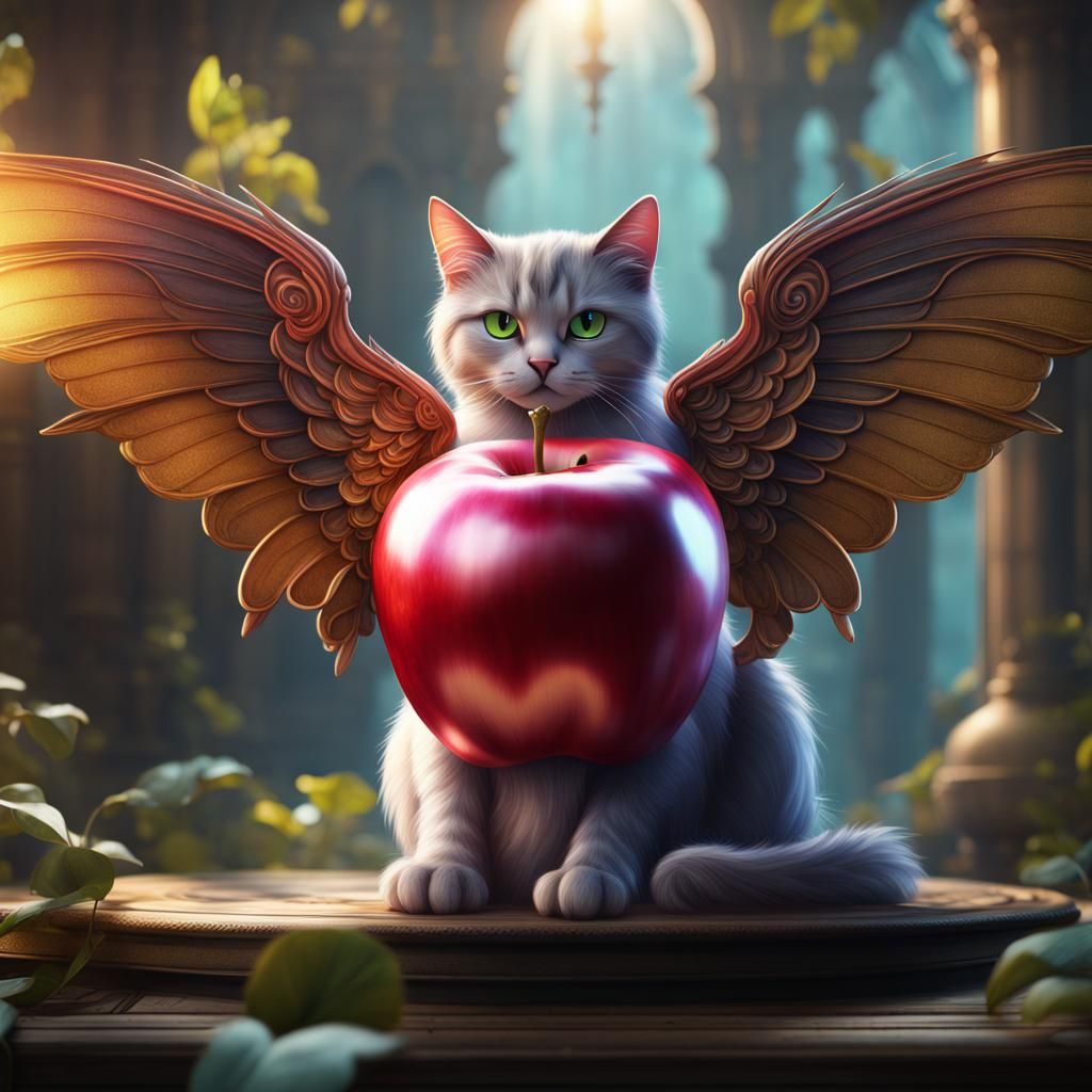 Jeweled Apple and Winged Cat Line Art