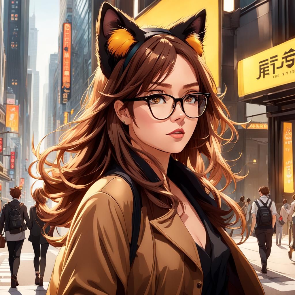 Girl with Cat Ears in Cityscape