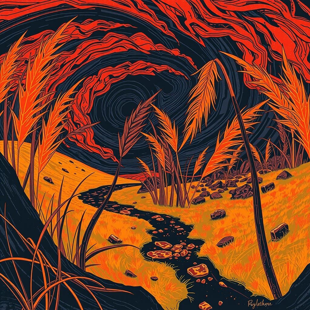 Stormy Sky Over Mossy Field and Golden Grasses