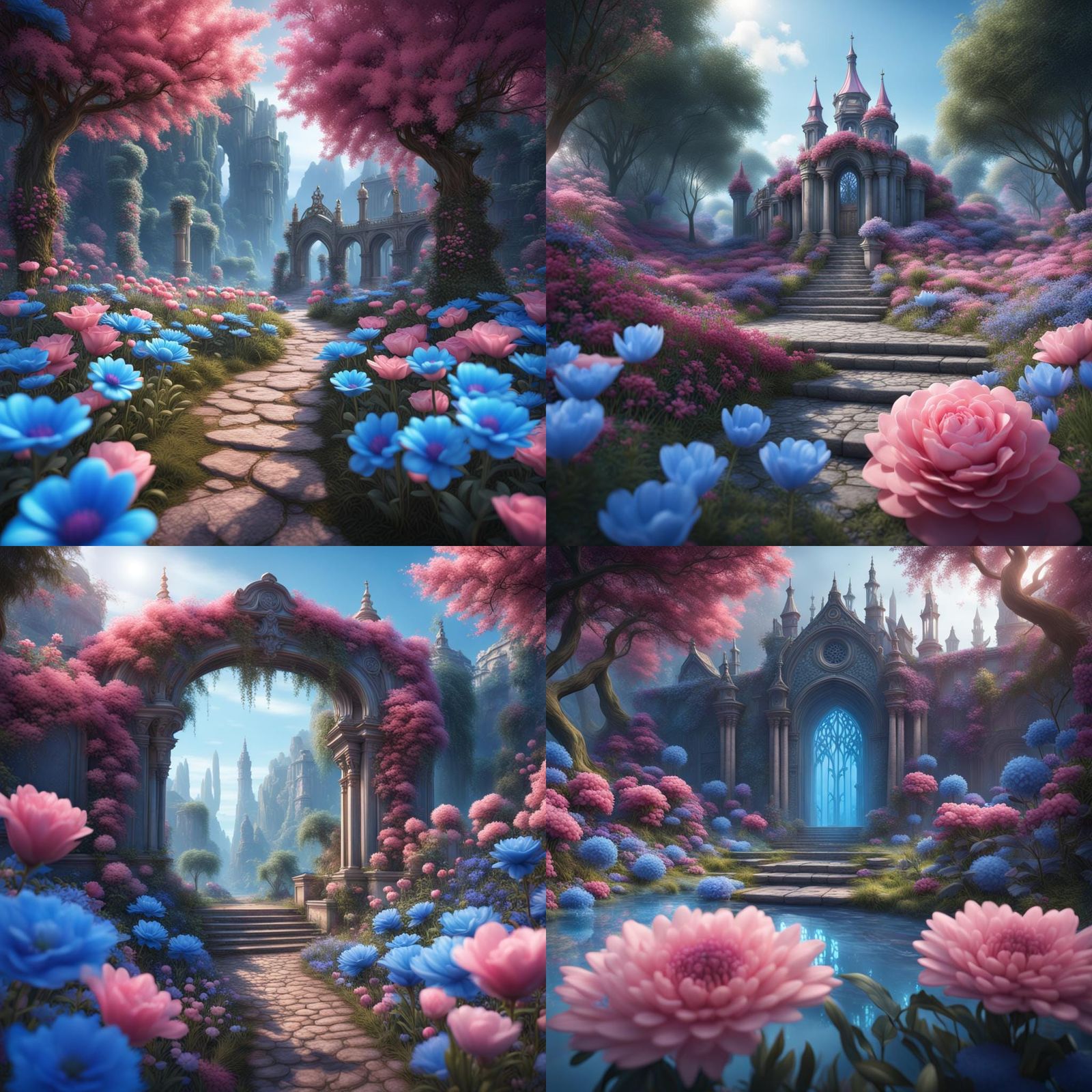 Lovely Blue and Pink Flowers Digital Painting