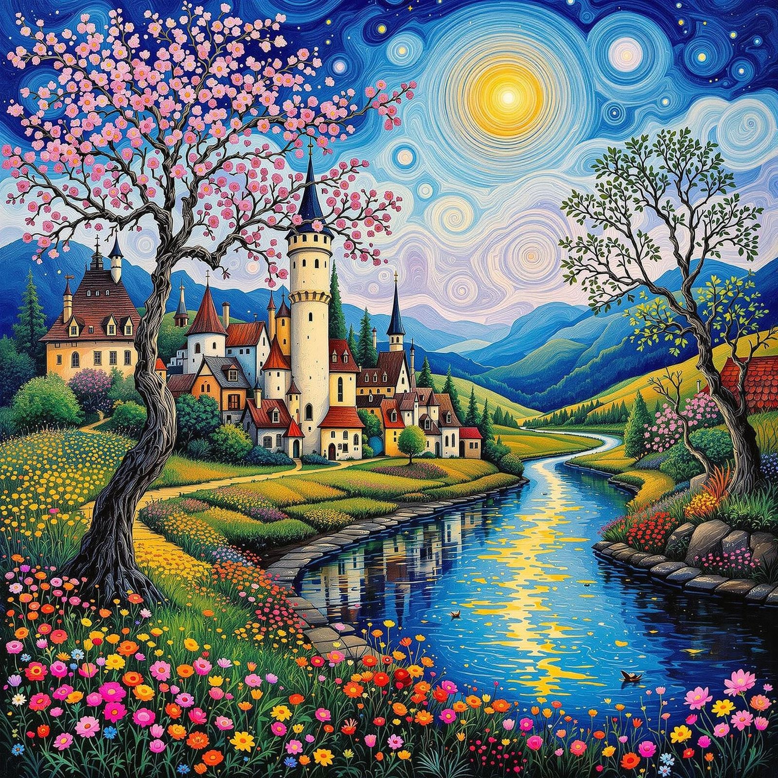 Whimsical Medieval Village by Magical River in Springtime