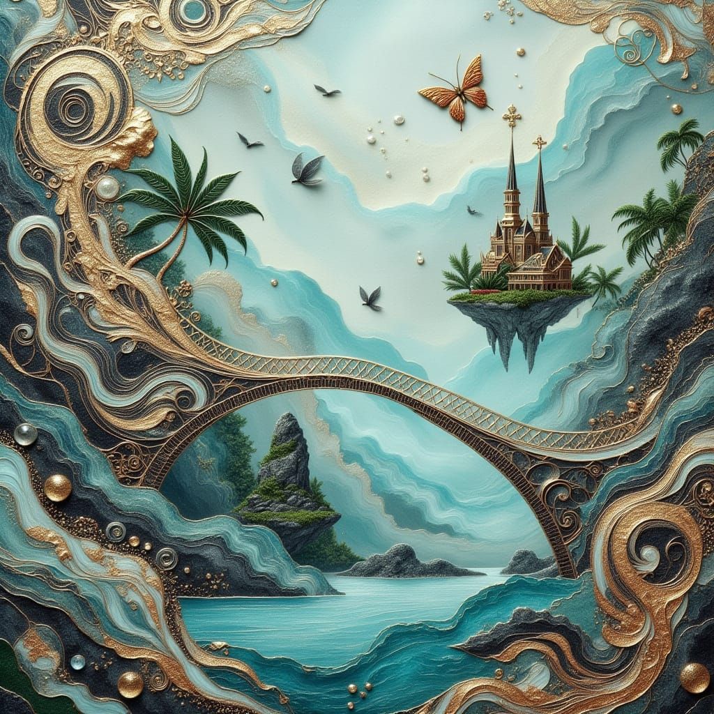 Ethereal Island Bridge in Dreamy Tropical Landscape