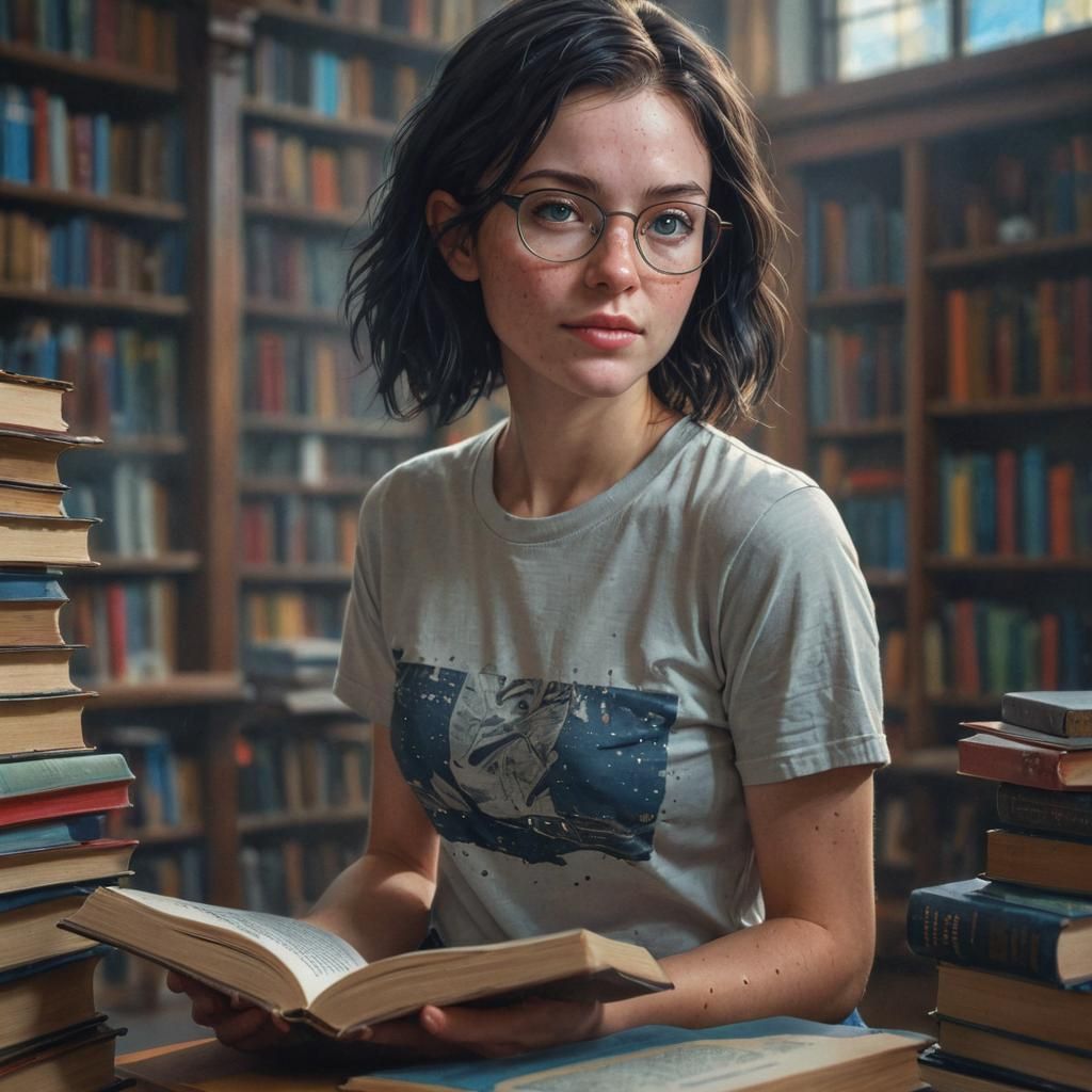 Freckled Woman in Library: Detailed Portrait
