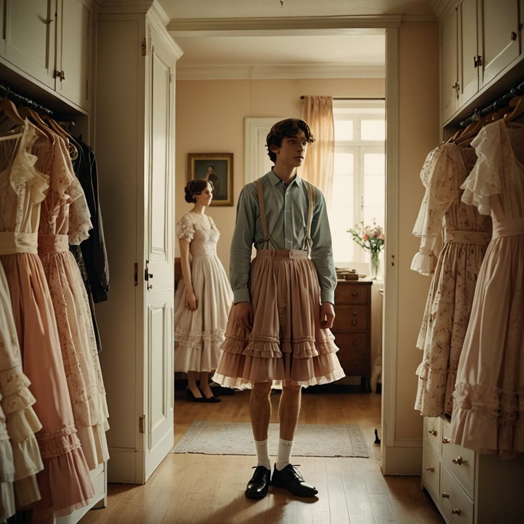 Boy Crossdressing Deciding on Dress, Cinematic Film Still