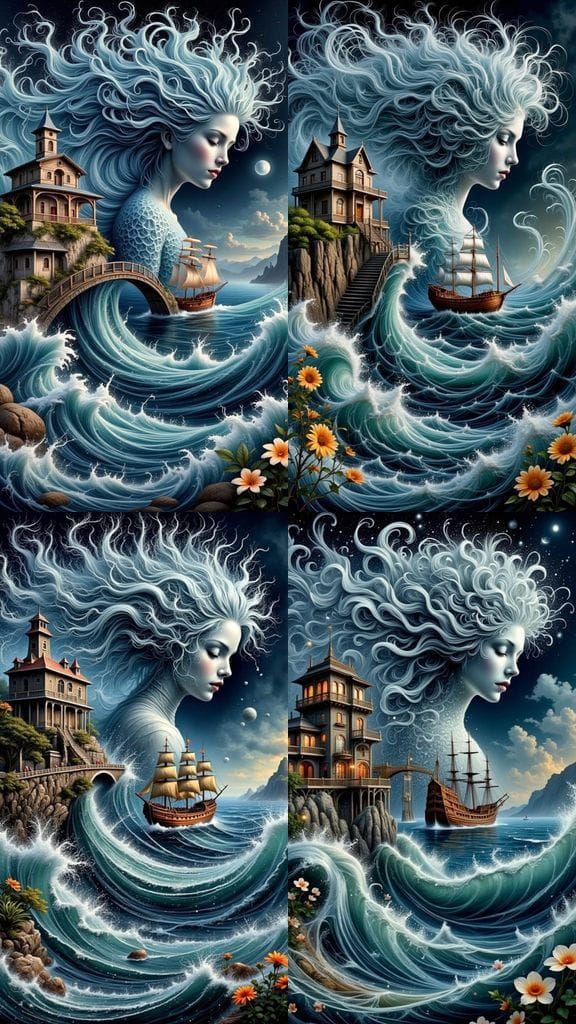 A mystical figure merges with the sea, housing a ship.