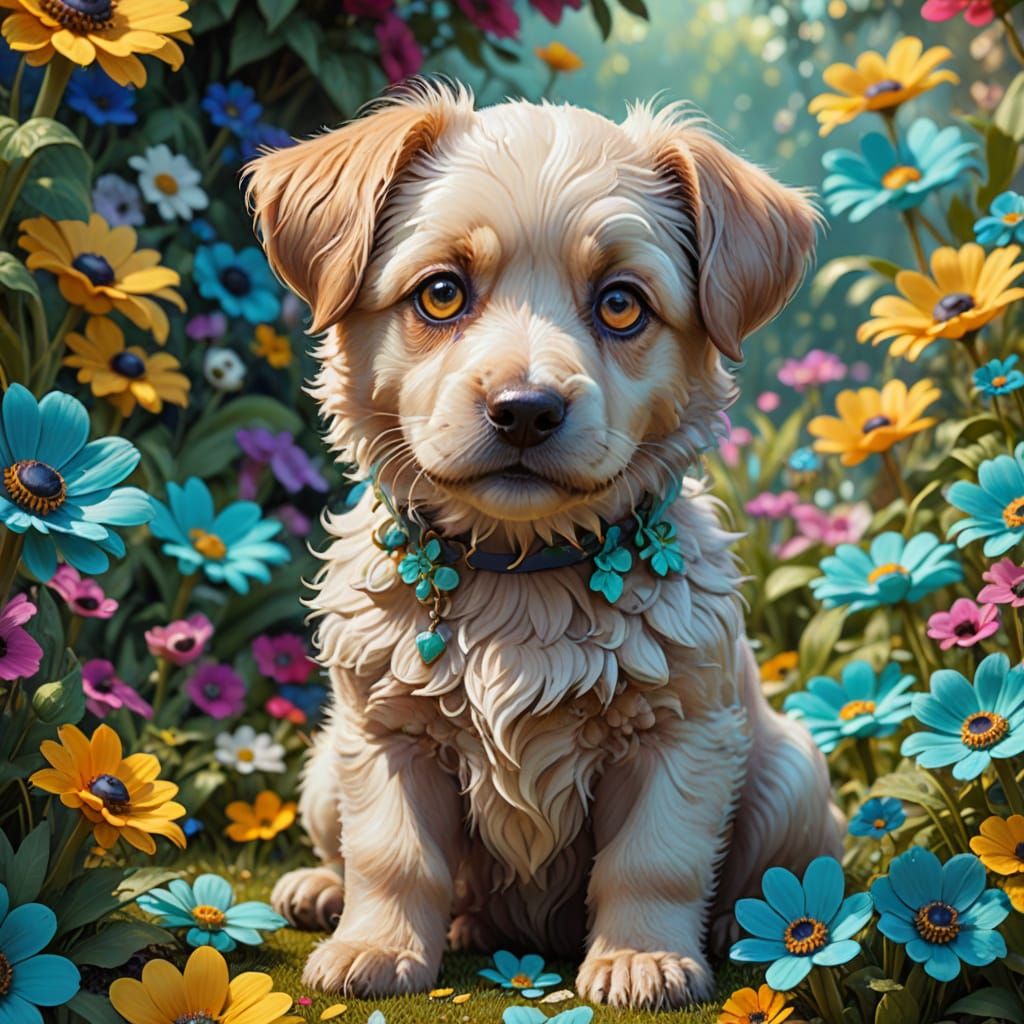 Dog with Turquoise Eyes in Vibrant Garden