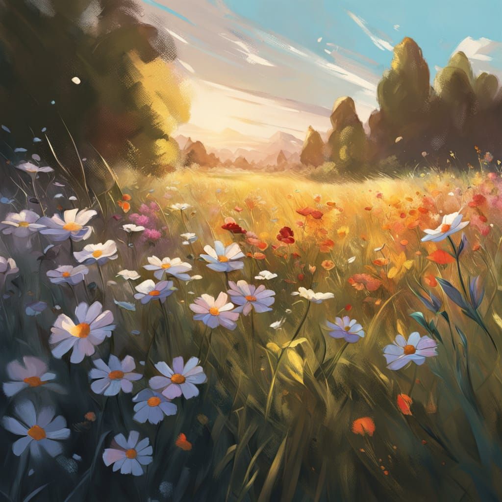 Impressionist Meadow with Wildflowers at Golden Hour