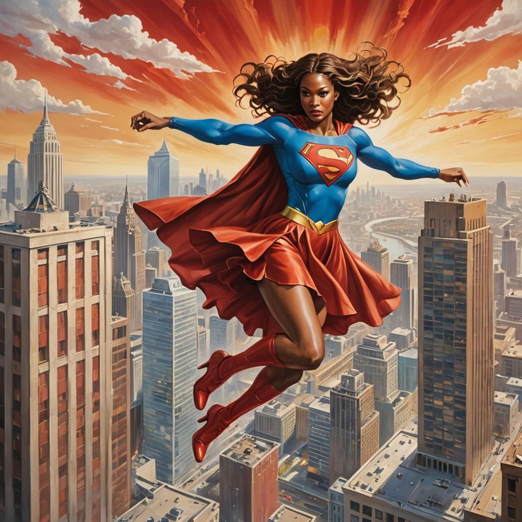 Supergirl Flies Above the City: Oil Painting