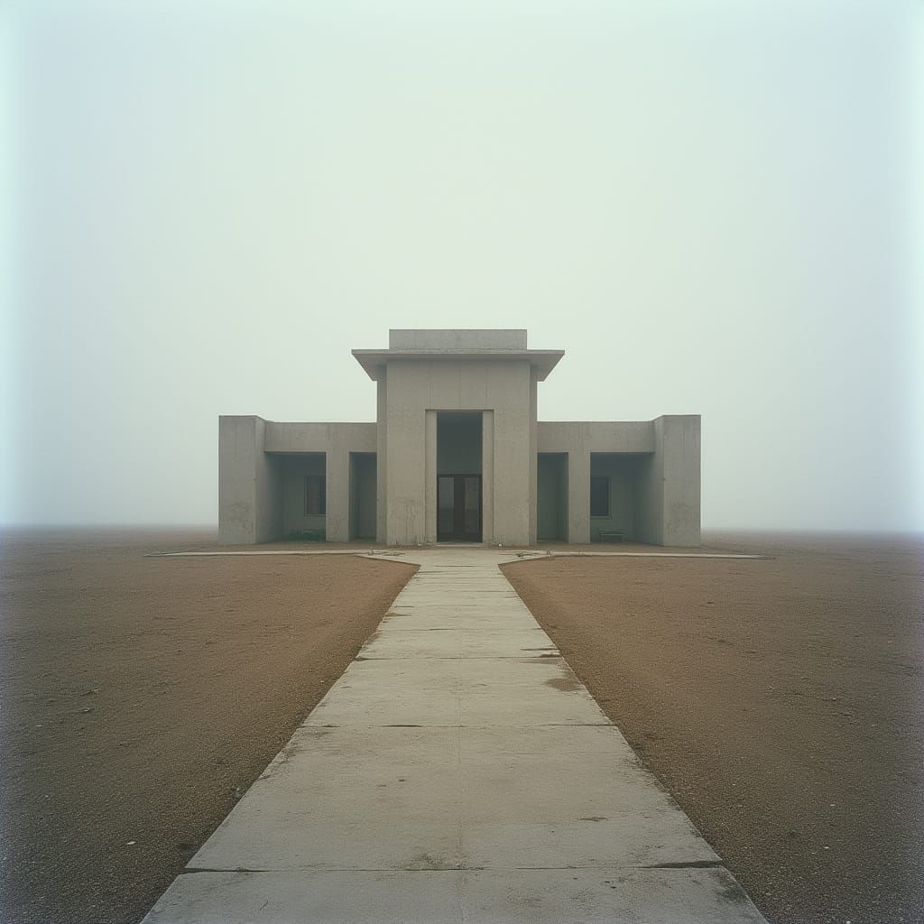 Brutalist Building in Desolate Landscape: Film Photography
