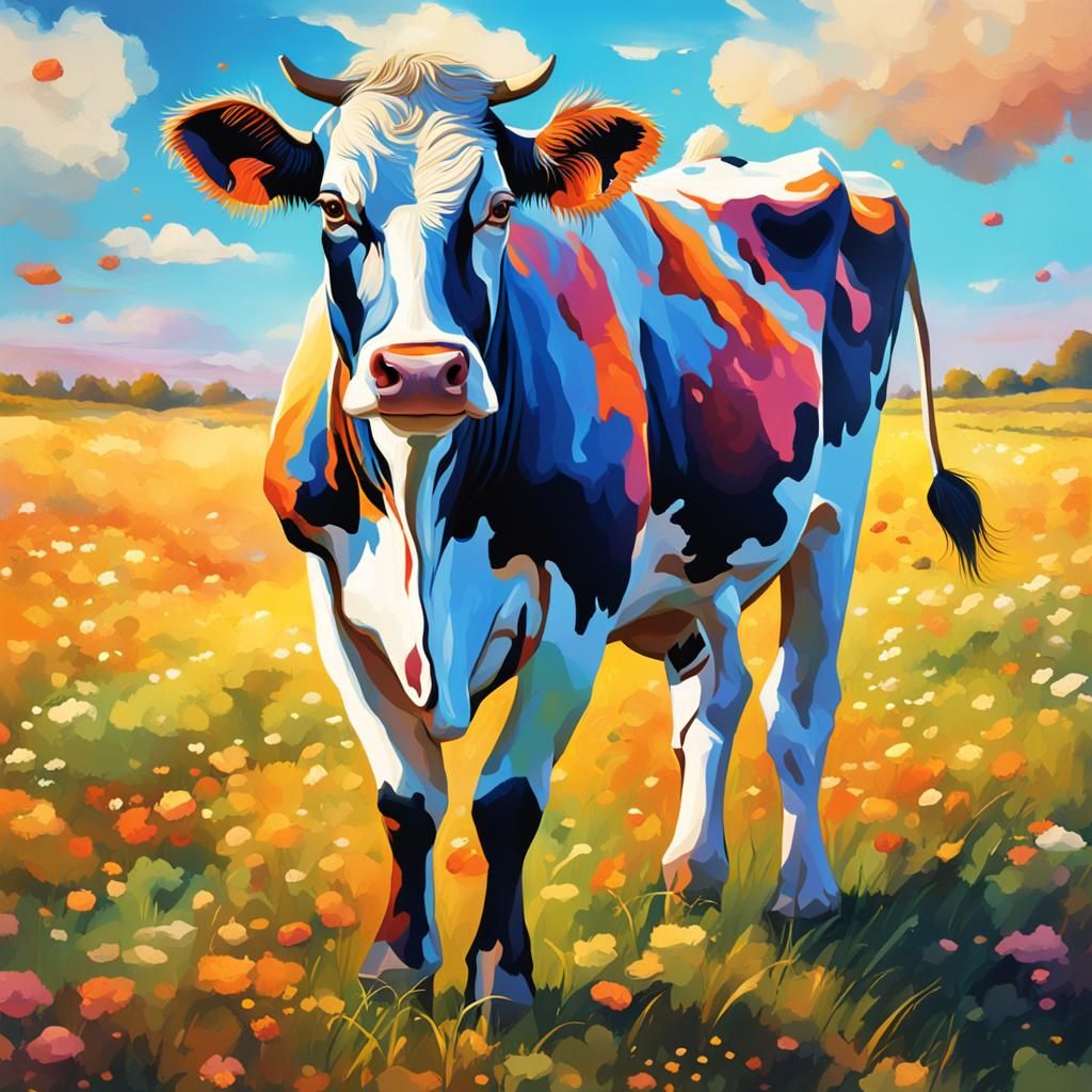 Whimsical Cow in Hyperrealistic Splash Art Field