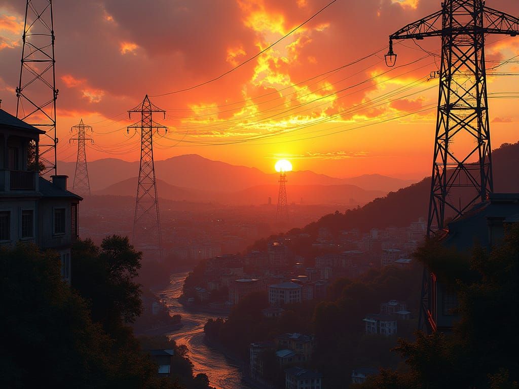 Vibrant Cityscape at Golden Hour with Bold Lines