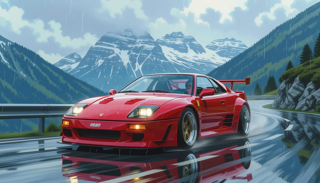 Aggressive German Sports Car in Rainy Dolomites, Acrylic Pai...